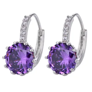 14K Gold Plated Perfect Purple 3.5CTW CZ Solitaire Hoop Earrings For Woman