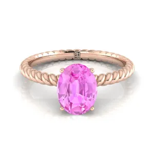 14K Rose Gold Oval Pink Sapphire Twisted Rope Solitaire With Surprize Diamond Engagement Ring