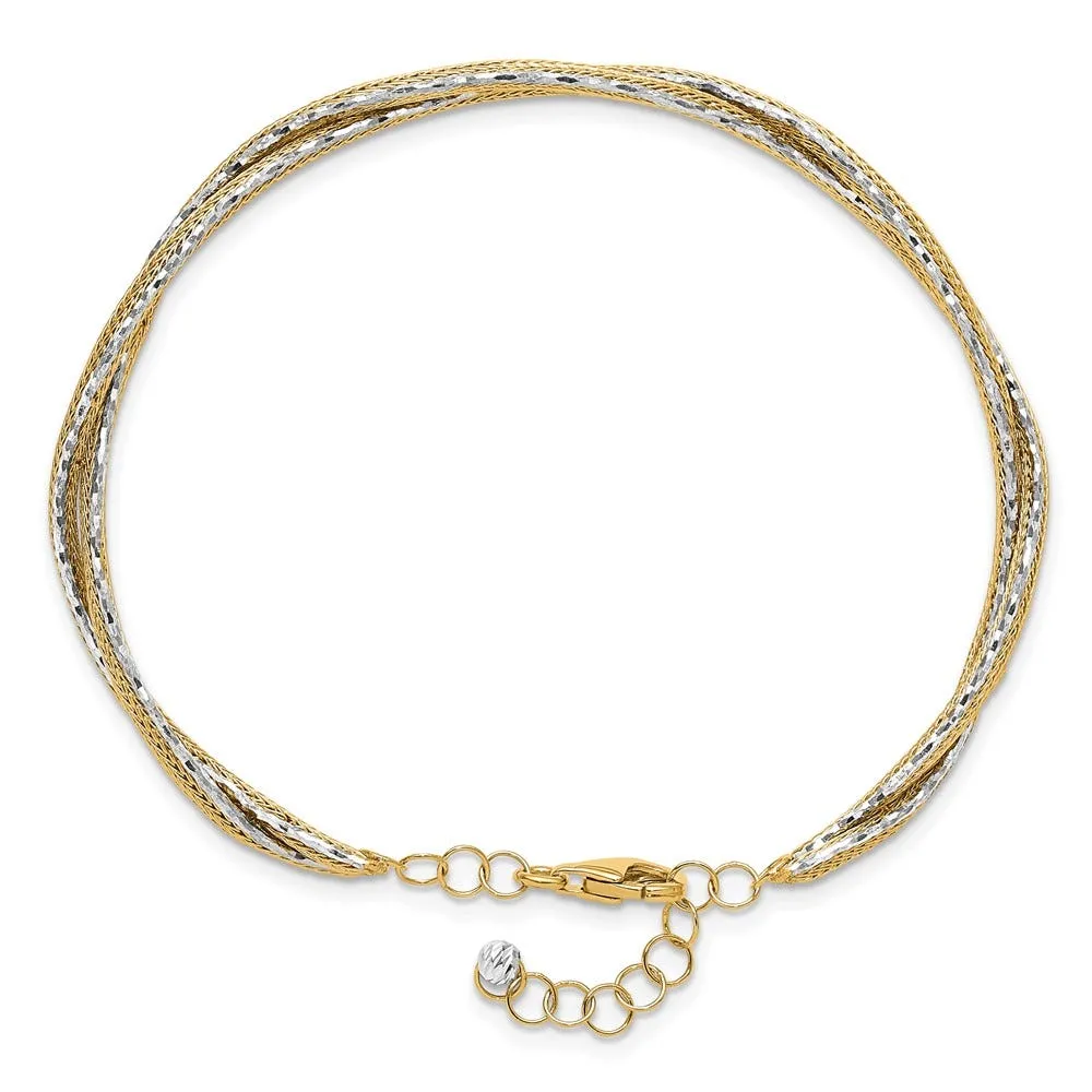 14K Two-tone Dia-cut and Textured Braided with Safety Chain Bracelet Bangle