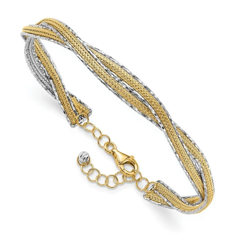 14K Two-tone Dia-cut and Textured Braided with Safety Chain Bracelet Bangle