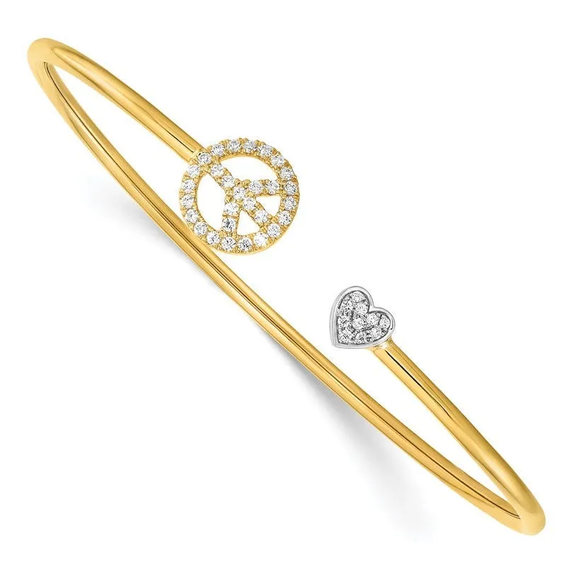 14k Two-tone Diamond Peace & Heart Cuff Bangle