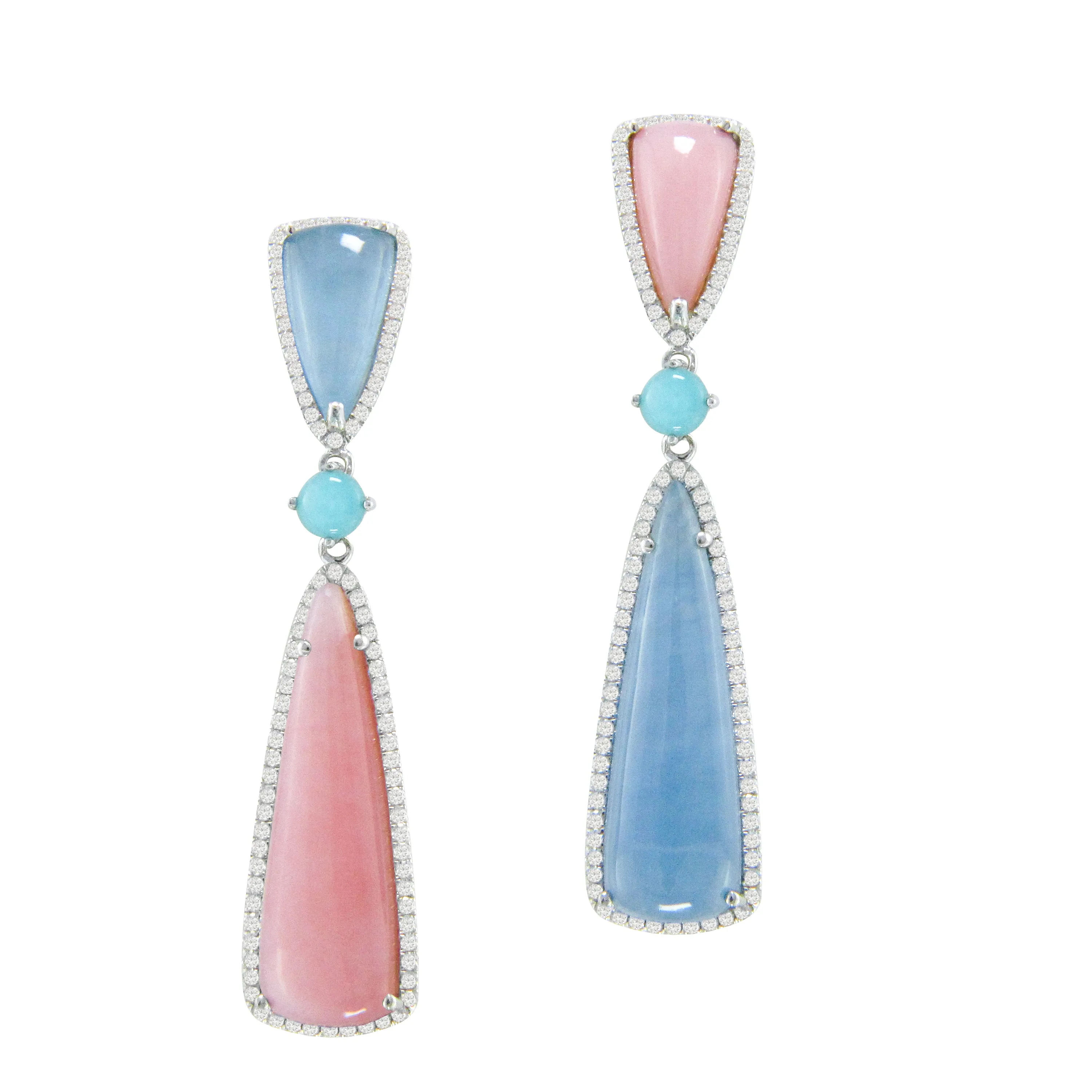 14K White Chalcedony, Pink Onyx and Natural Diamond Dangle Earrings