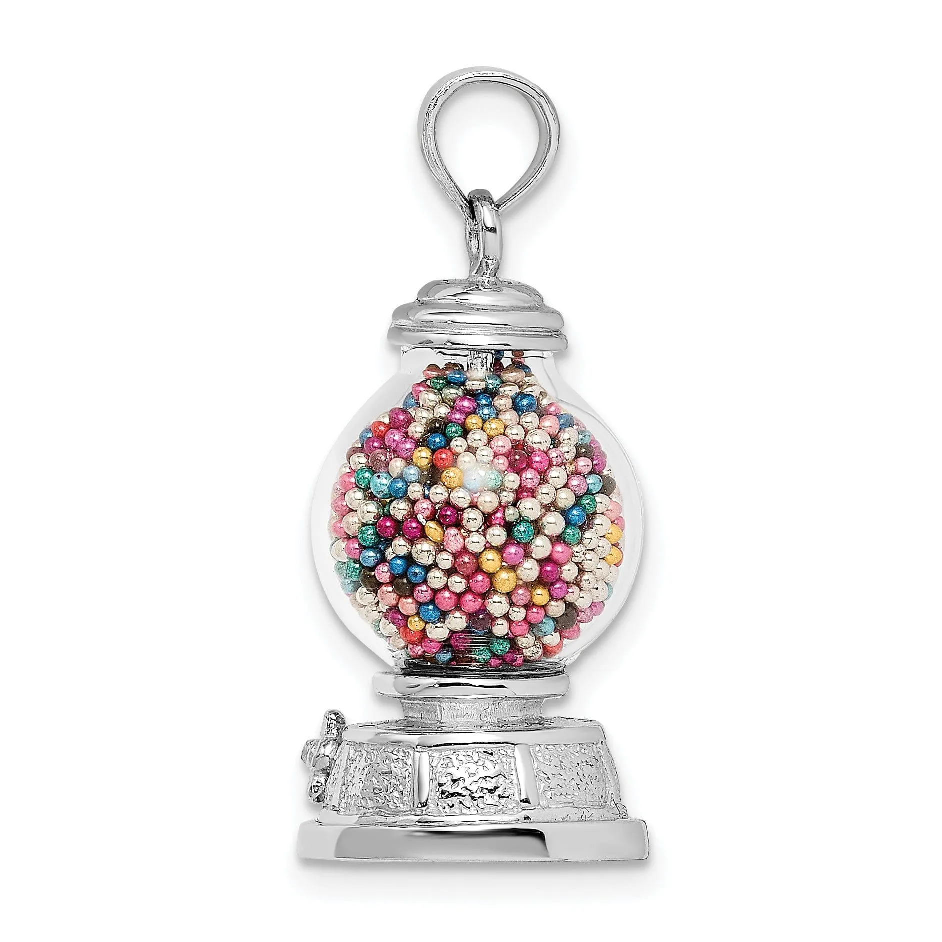 14K White Gold Polished Finish 3-Dimensional Moveable Gumball Machine with Glass Design Charm Pendant