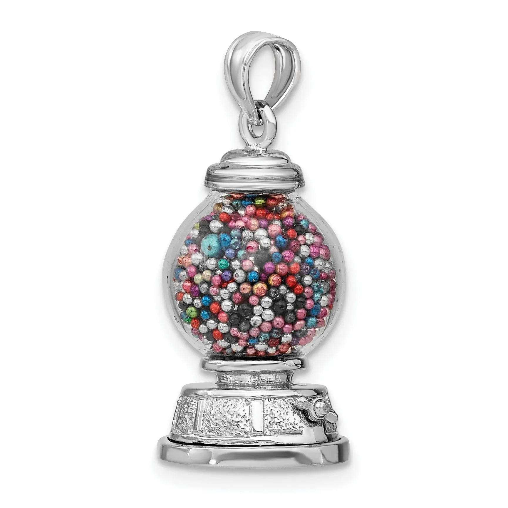 14K White Gold Polished Finish 3-Dimensional Moveable Gumball Machine with Glass Design Charm Pendant