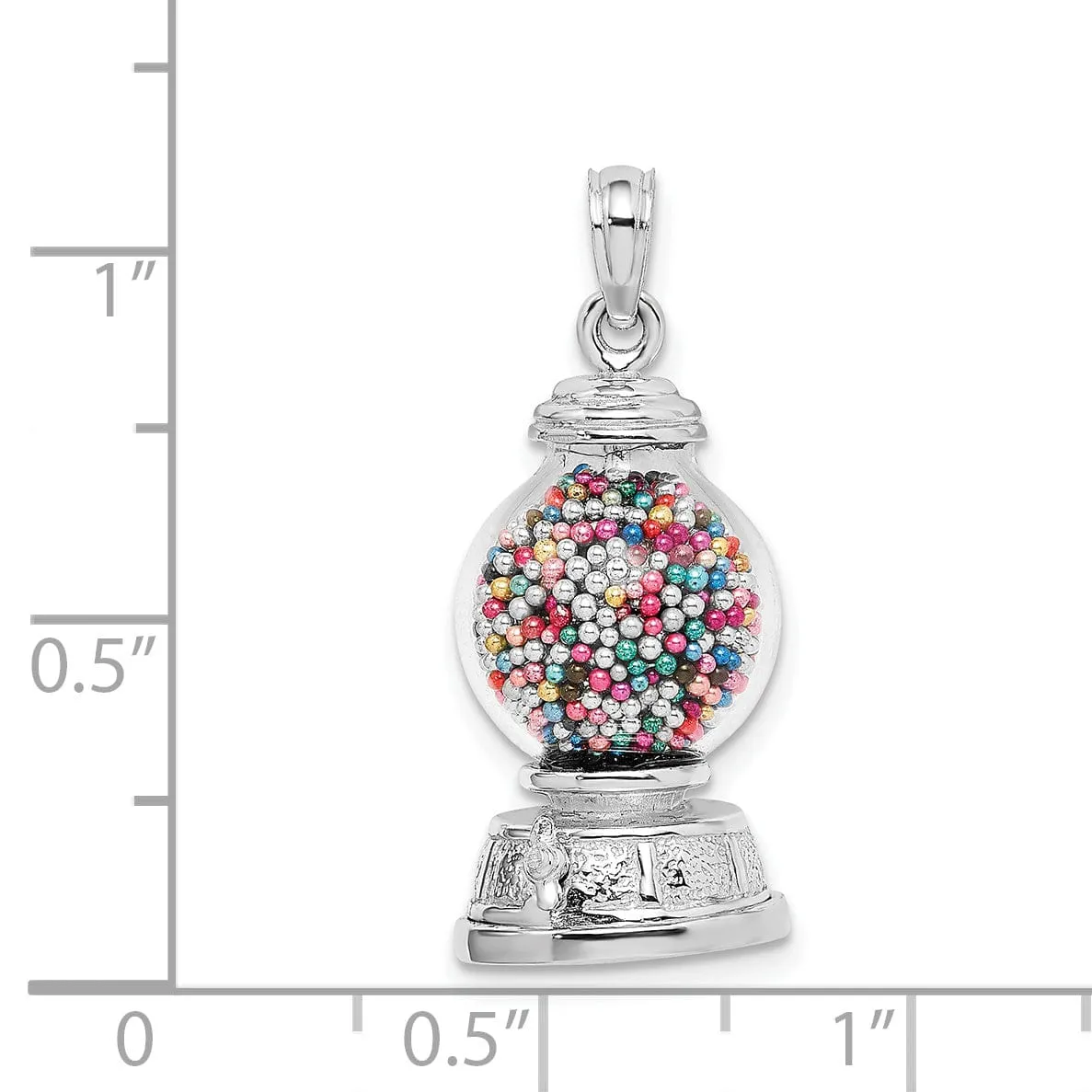 14K White Gold Polished Finish 3-Dimensional Moveable Gumball Machine with Glass Design Charm Pendant