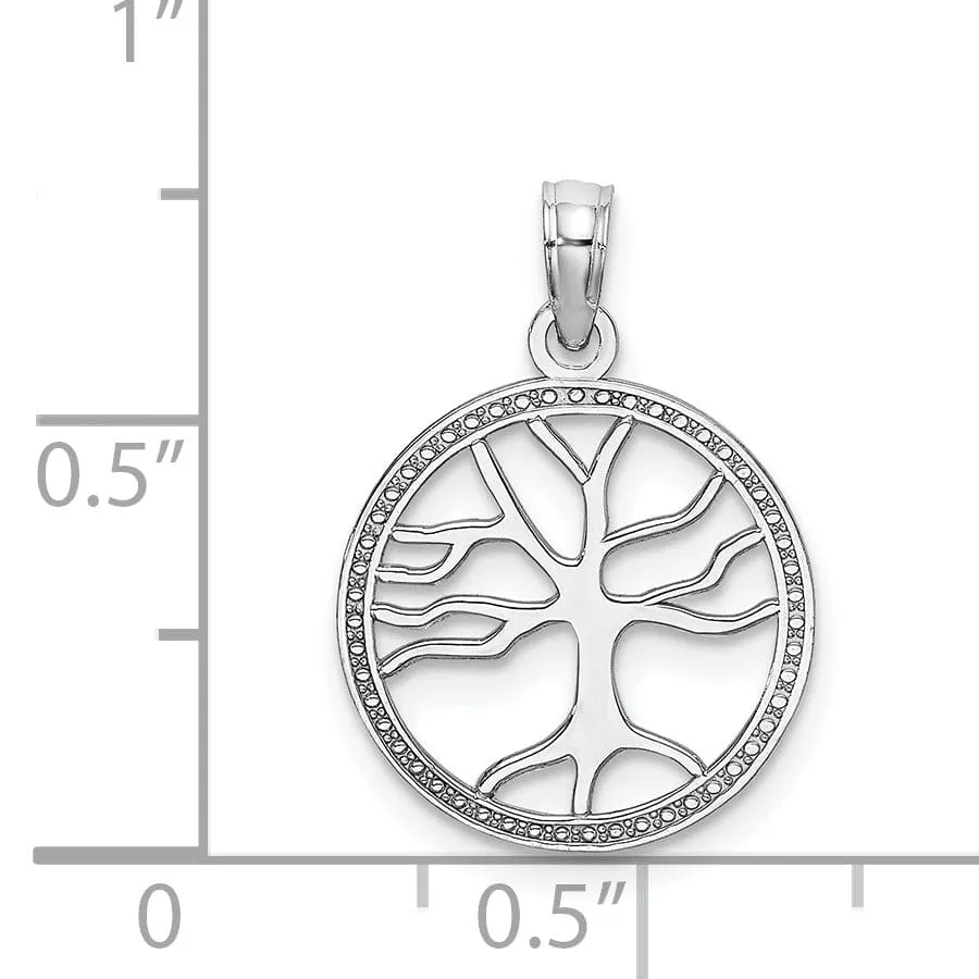 14K White Gold Textured Polished Finish Tree of Life in Round Frame Charm Pendant