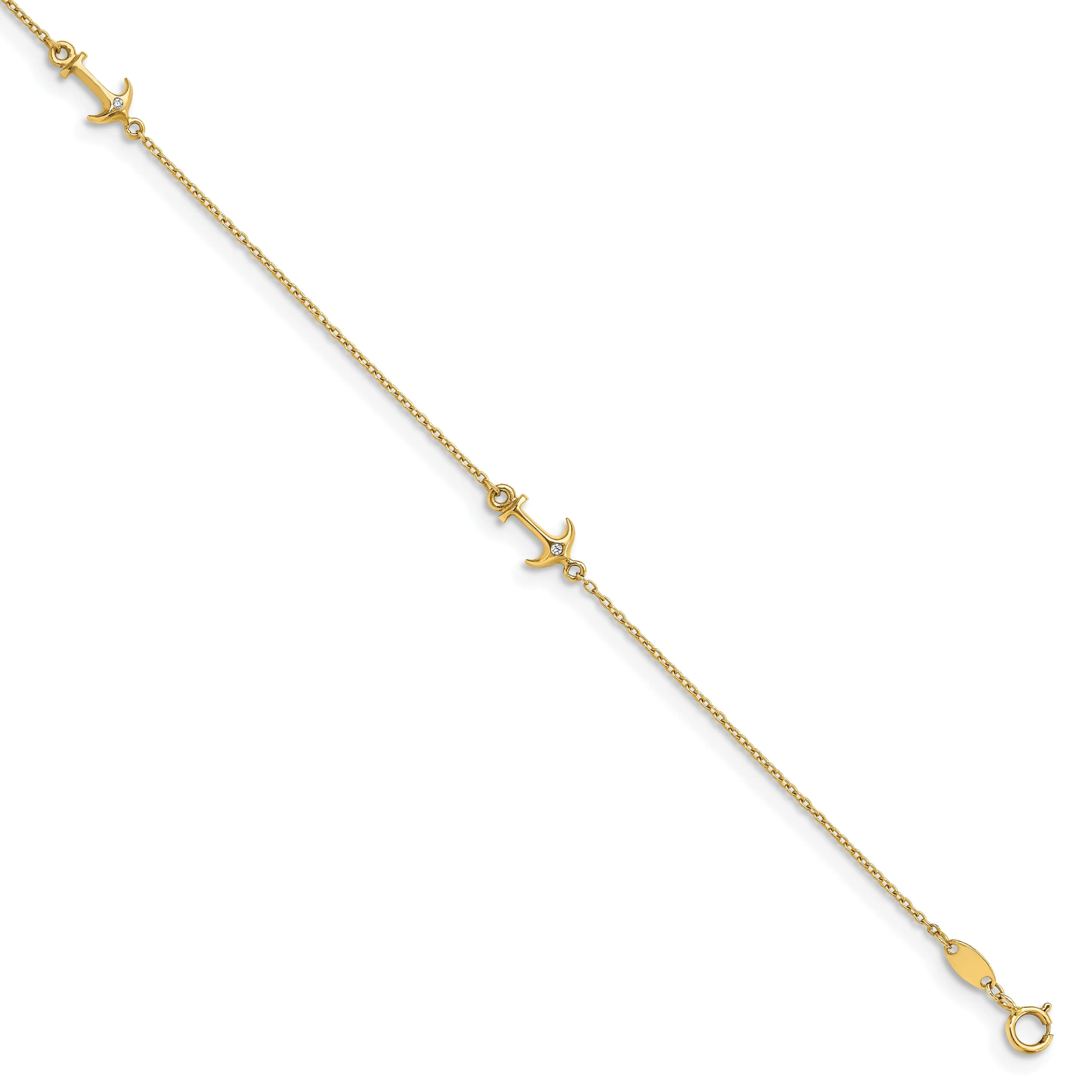 14k Yellow Gold C.Z Polished Anchor Anklet