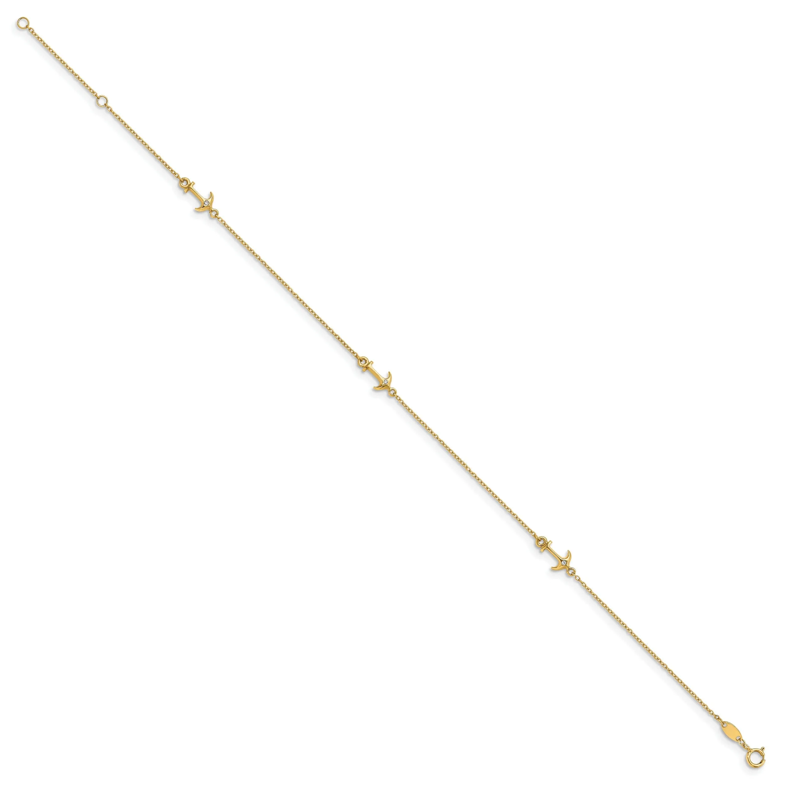 14k Yellow Gold C.Z Polished Anchor Anklet