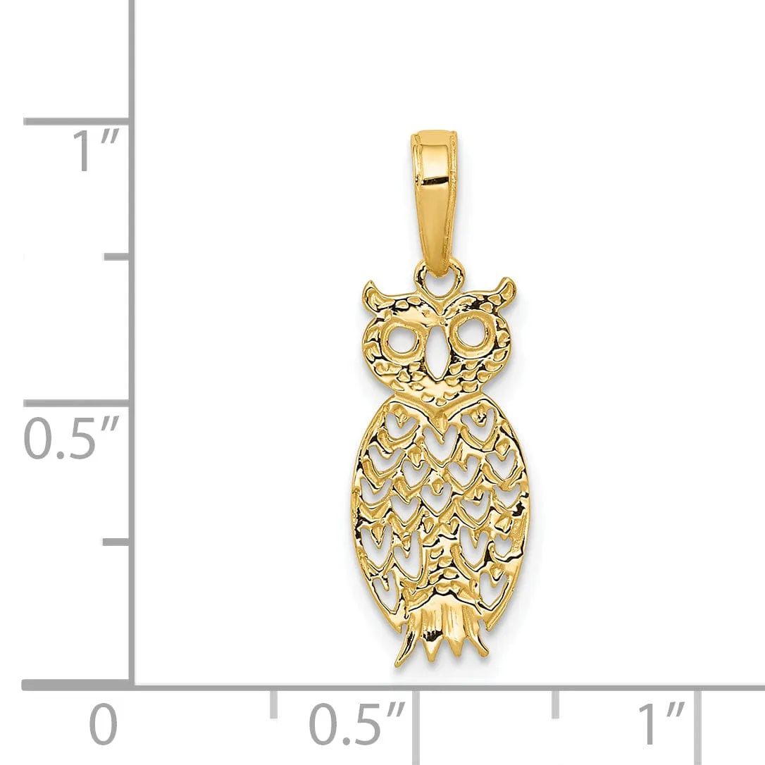 14K Yellow Gold  Diamond Cut Polished Finish Owl Charm Pendant