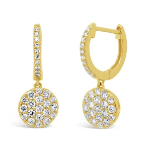 14K Yellow Gold Diamond Hoop Earring with Round Cluster Diamond Dangle