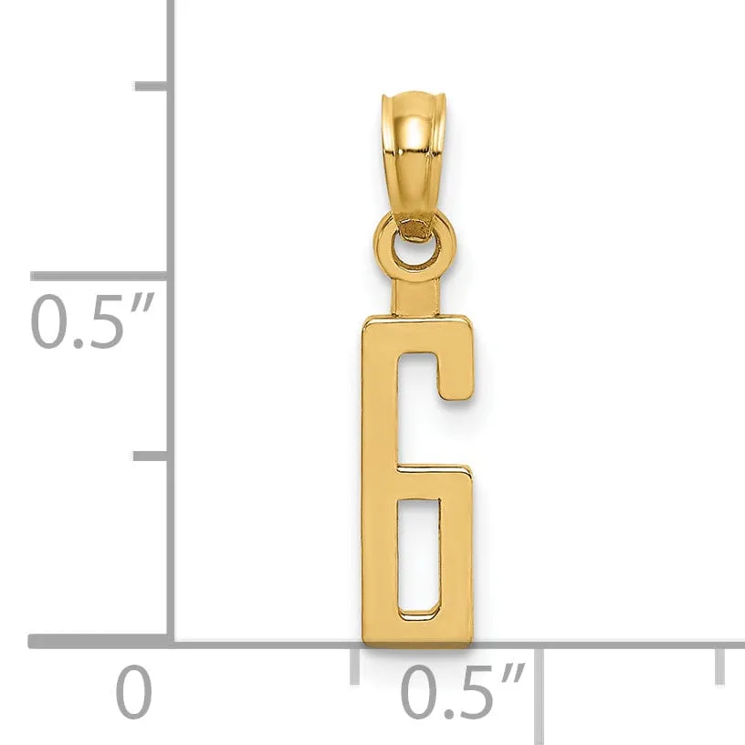 14K Yellow Gold Polished Finished Block Script Design Number 6 Charm Pendant