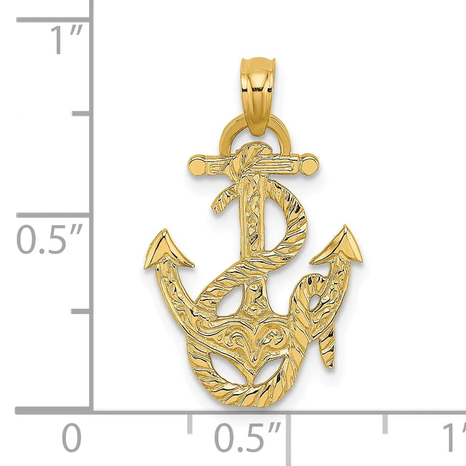 14K Yellow Gold Texture Polished Finished Anchor and Rope Design Charm Pendant