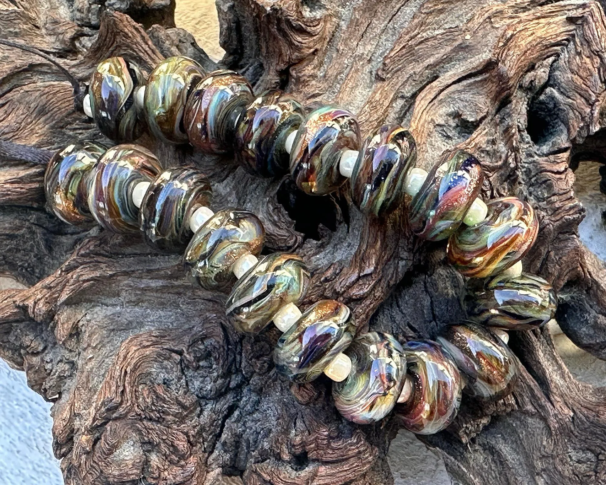 18 Multicolor Brown Swirl Lampwork Beads Set SRA