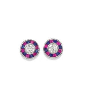 18ct White Gold Diamond, Ruby & Sapphire Target Cluster Stud Earrings