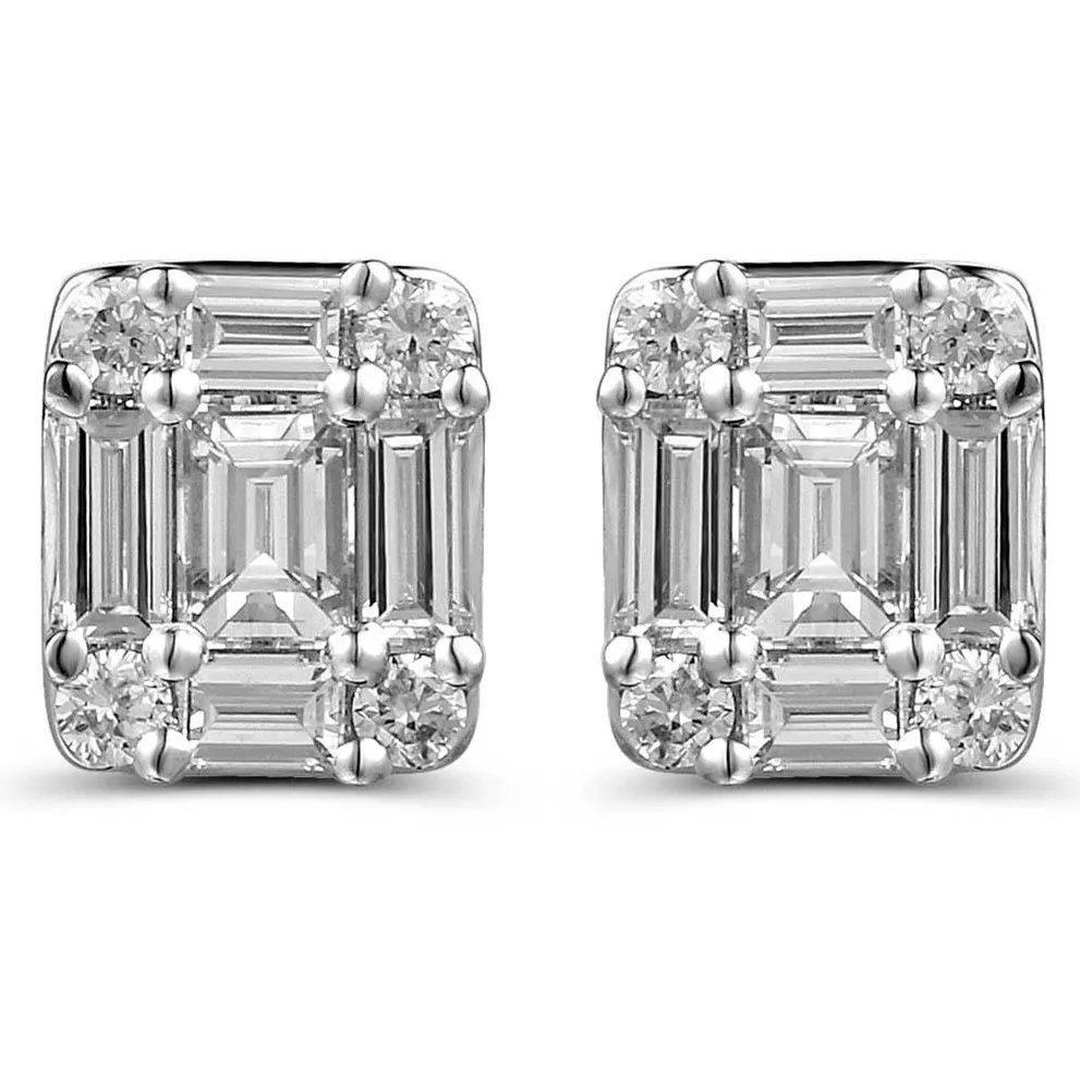 18K White Gold Cluster Baguette and Round Diamond Stud Earrings