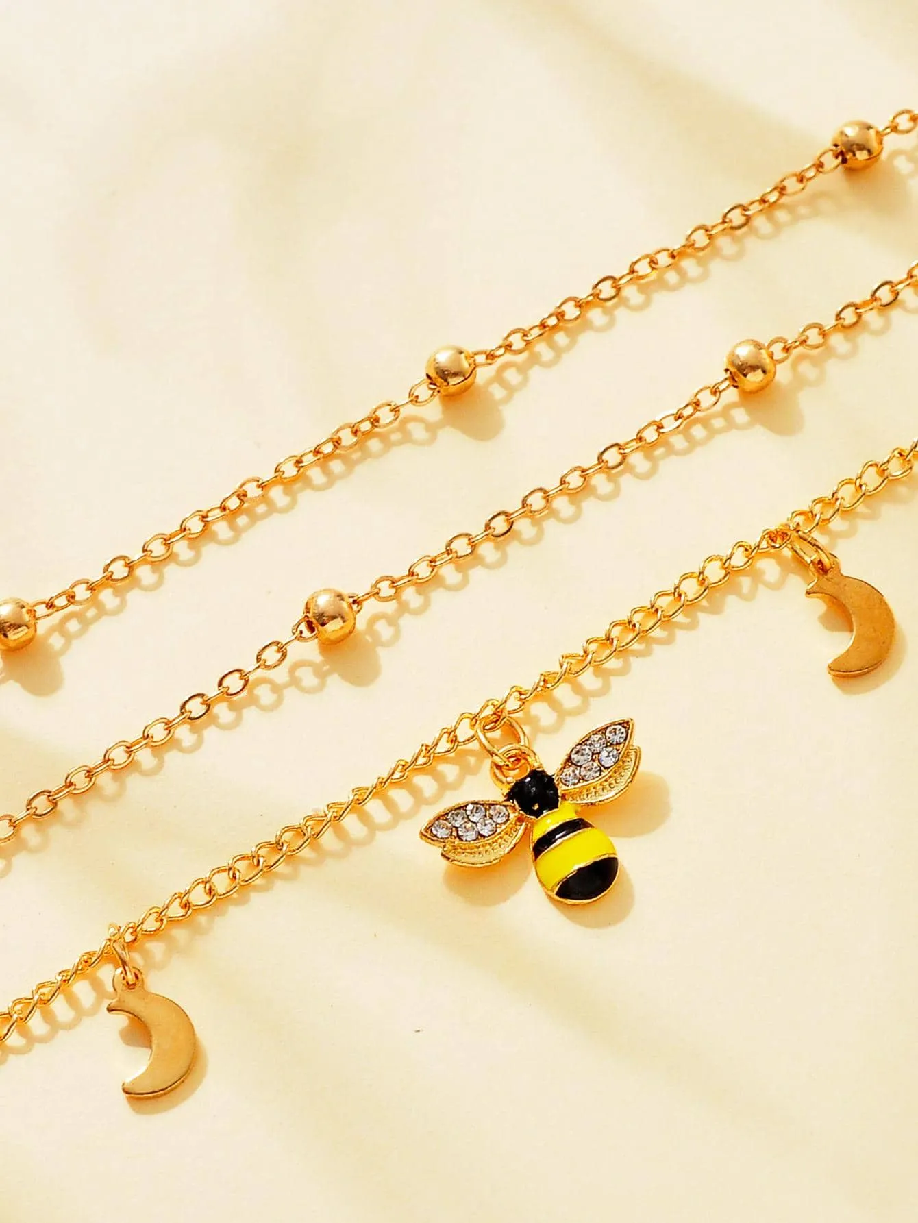 1pc Fashion Rhinestone Decor Bee & Moon Charm Layered Anklet For Women For Gift