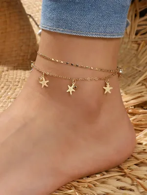 1pc Fashionable Zinc Alloy Rhinestone & Starfish Charm Layered Anklet For Women For Daily Decoration