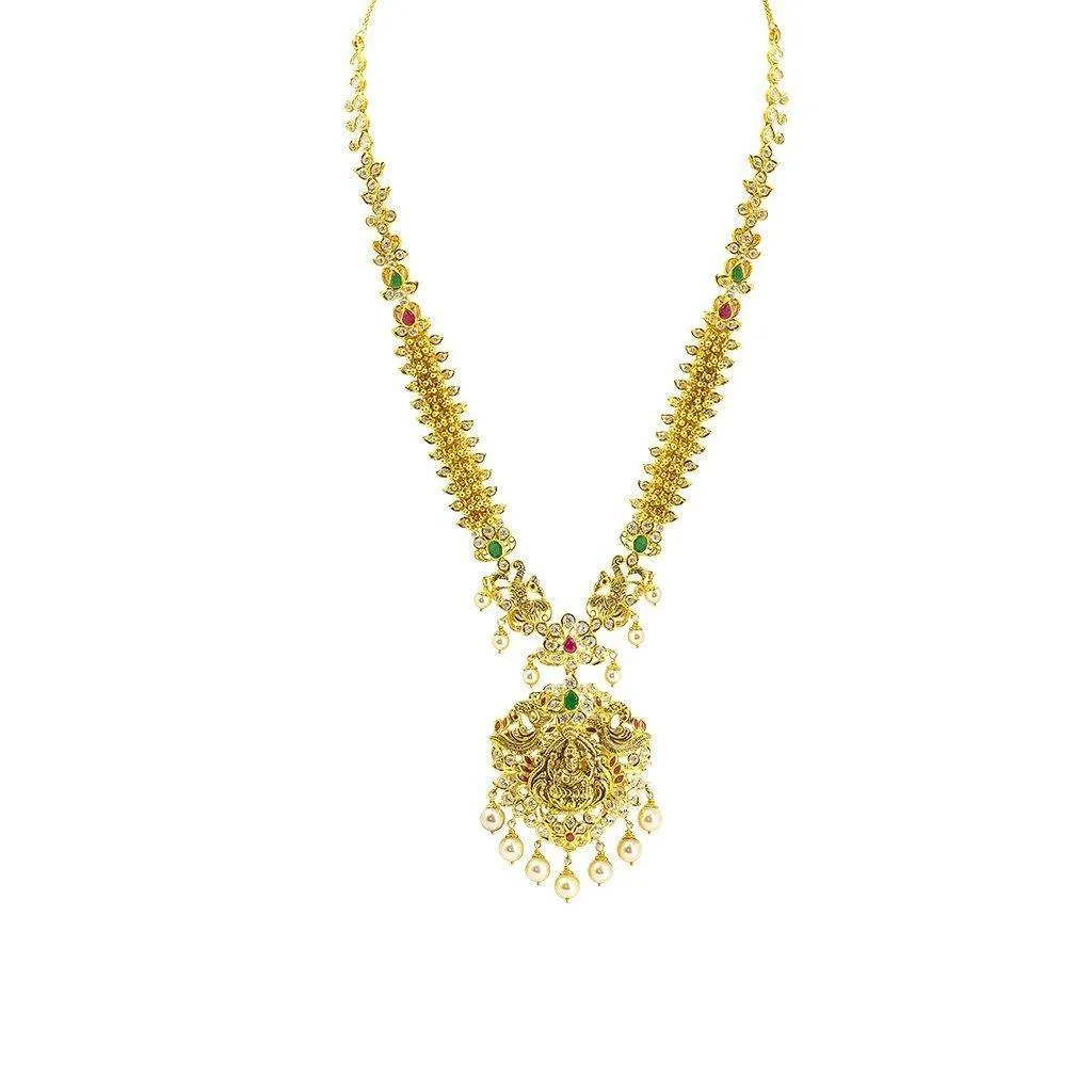 22K Yellow Gold Set Necklace & Earrings W/ Rubies, Emeralds, Pearls and CZ on Chandelier Laxmi Pendant