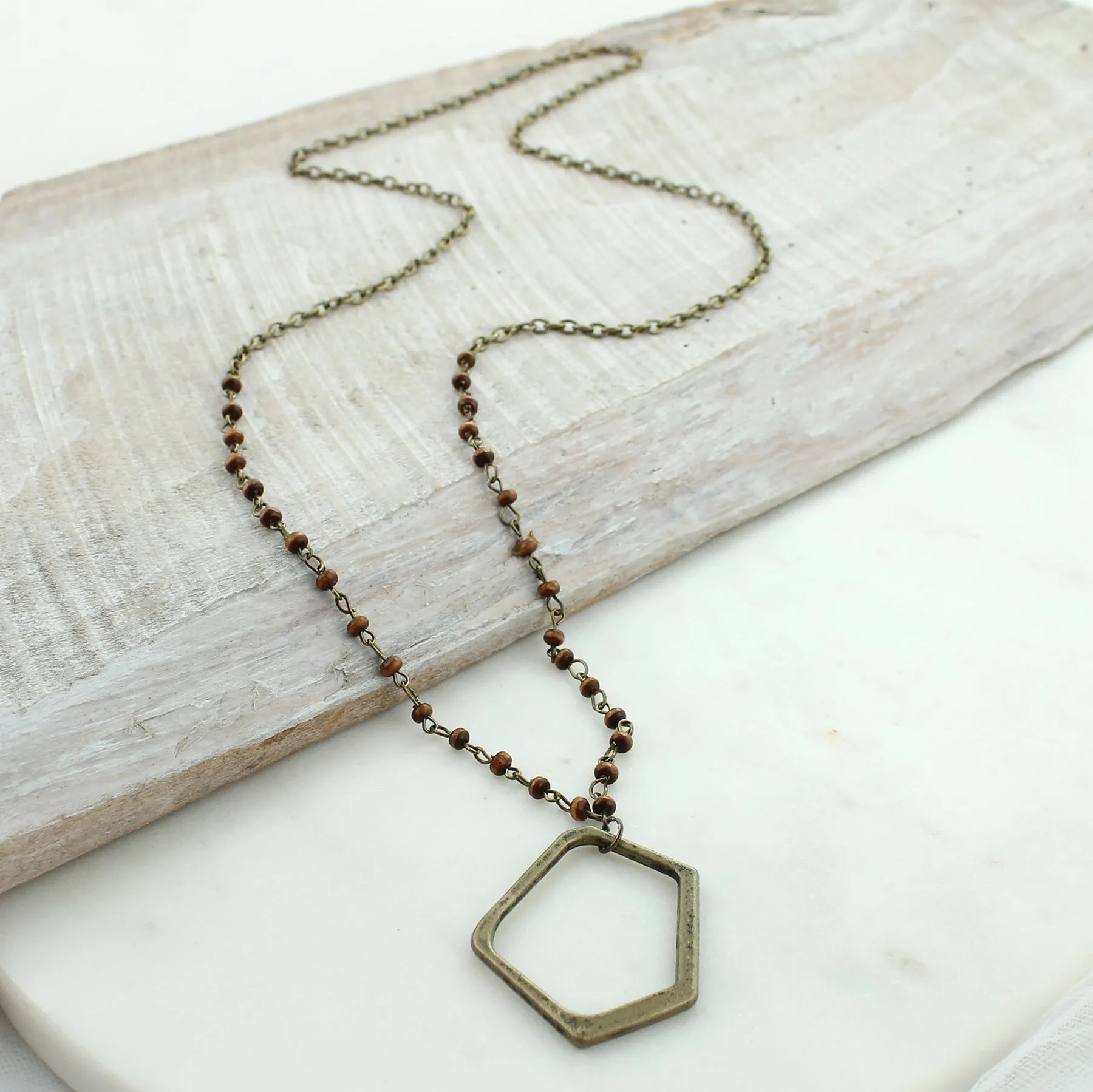 34” Wood & Pentagon Necklace