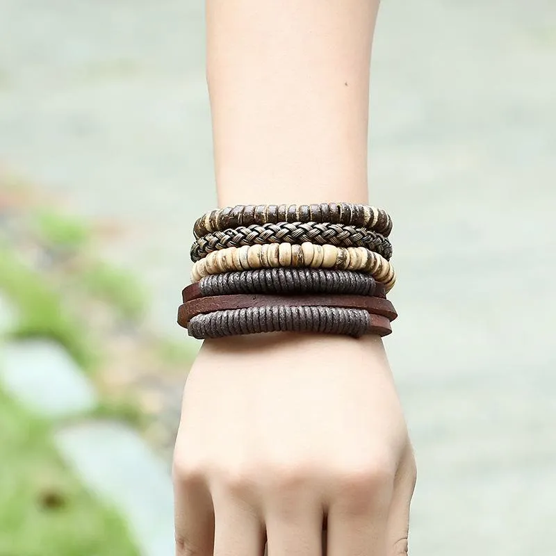 4 Pieces Wooden Leather Bracelets