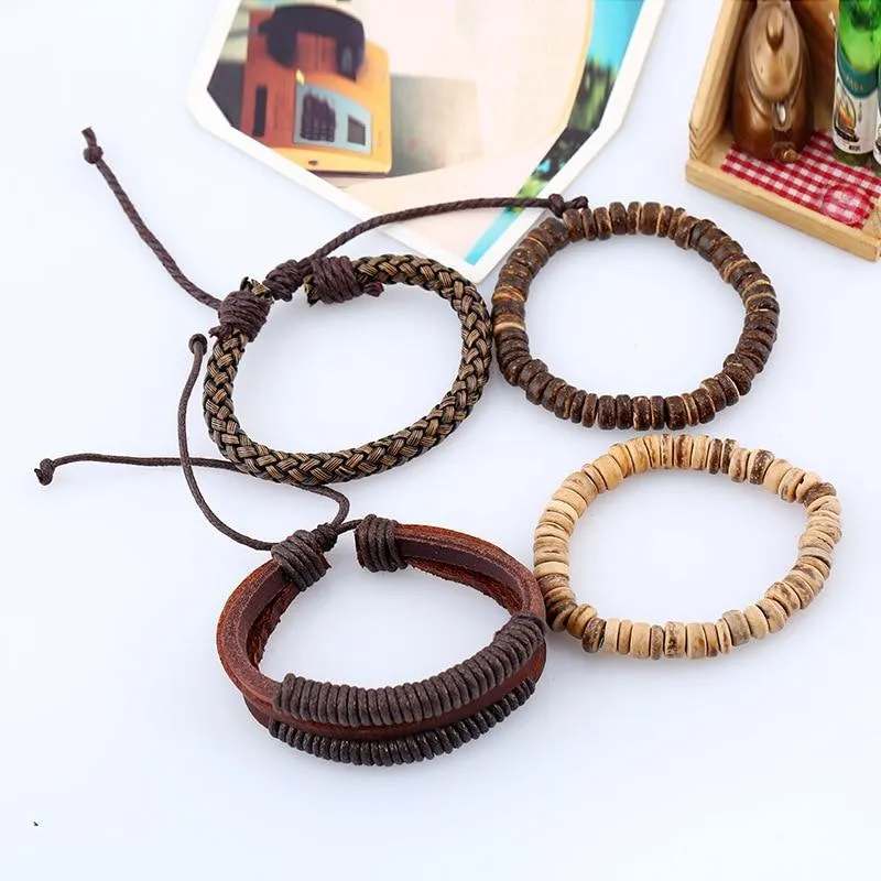 4 Pieces Wooden Leather Bracelets