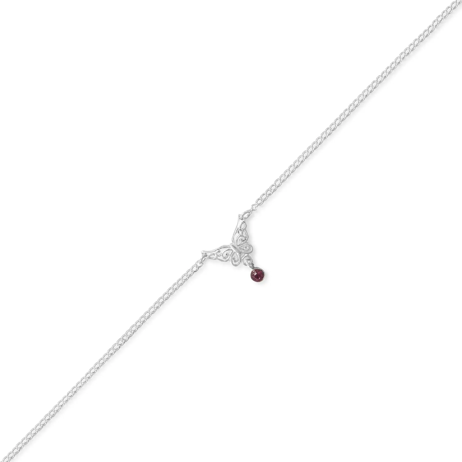 9.5"   .5" Butterfly and Purple Crystal Charm Anklet