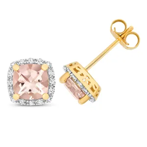 9ct Yellow Gold Cushion Morganite and Diamond Stud Earrings