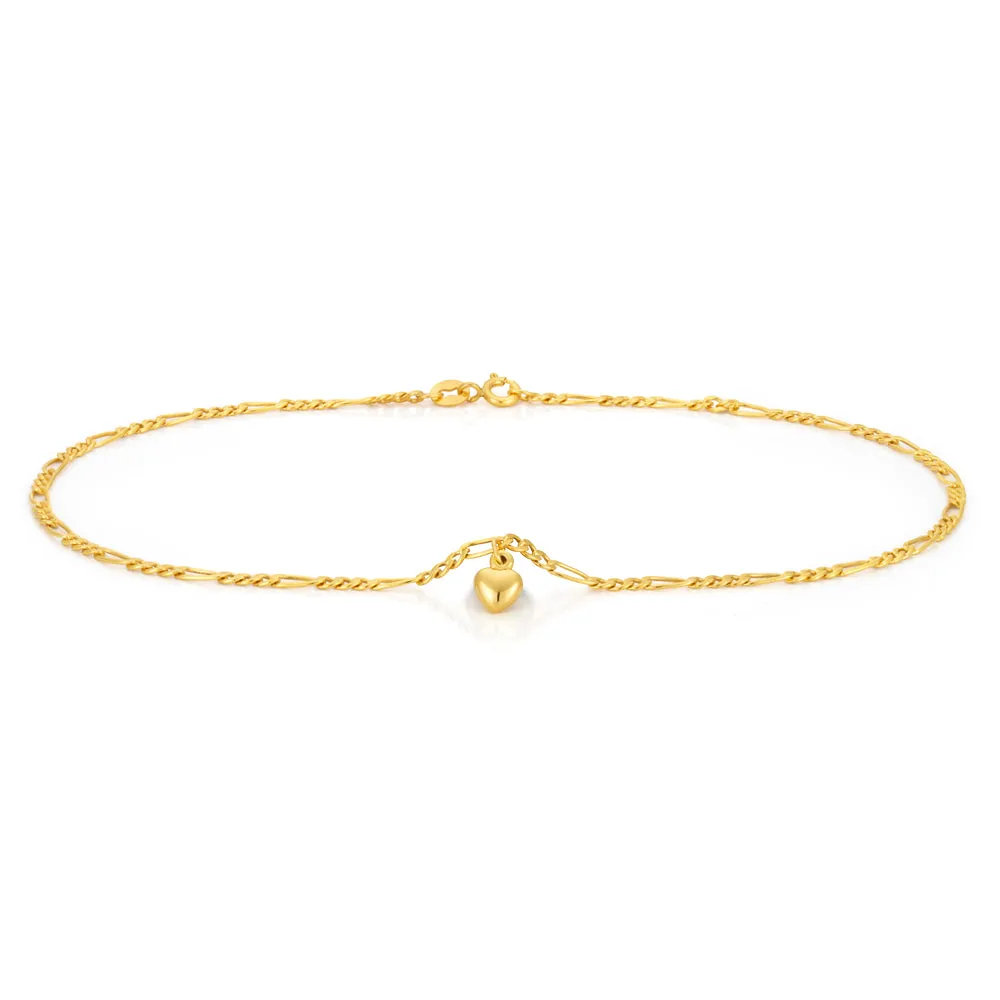 9ct Yellow Gold Heart Charm 3:1 Figaro 29cm Anklet