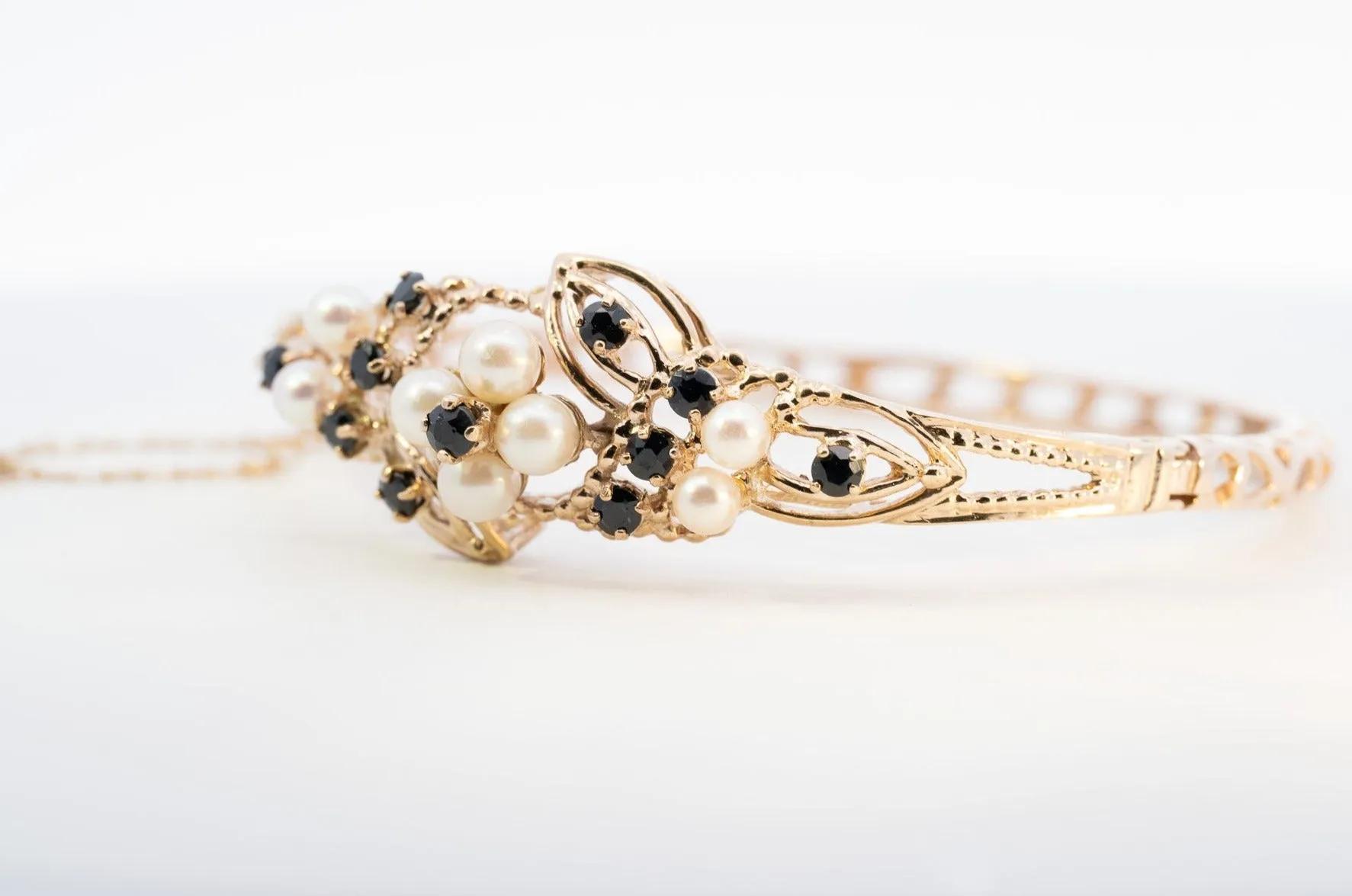 9ct Yellow Gold Pearl and Sapphire Bangle