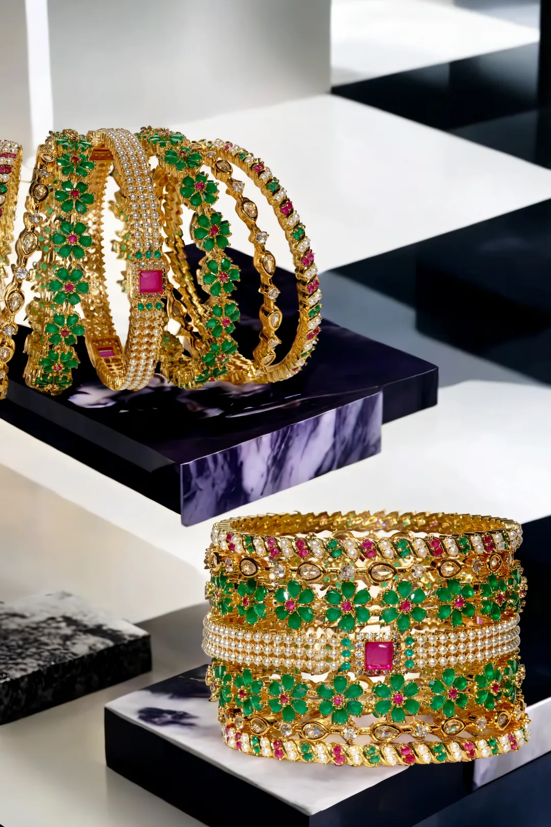 Arika 7-Piece Floral Gold-Plated Bangle Set with Emerald and Ruby Accents