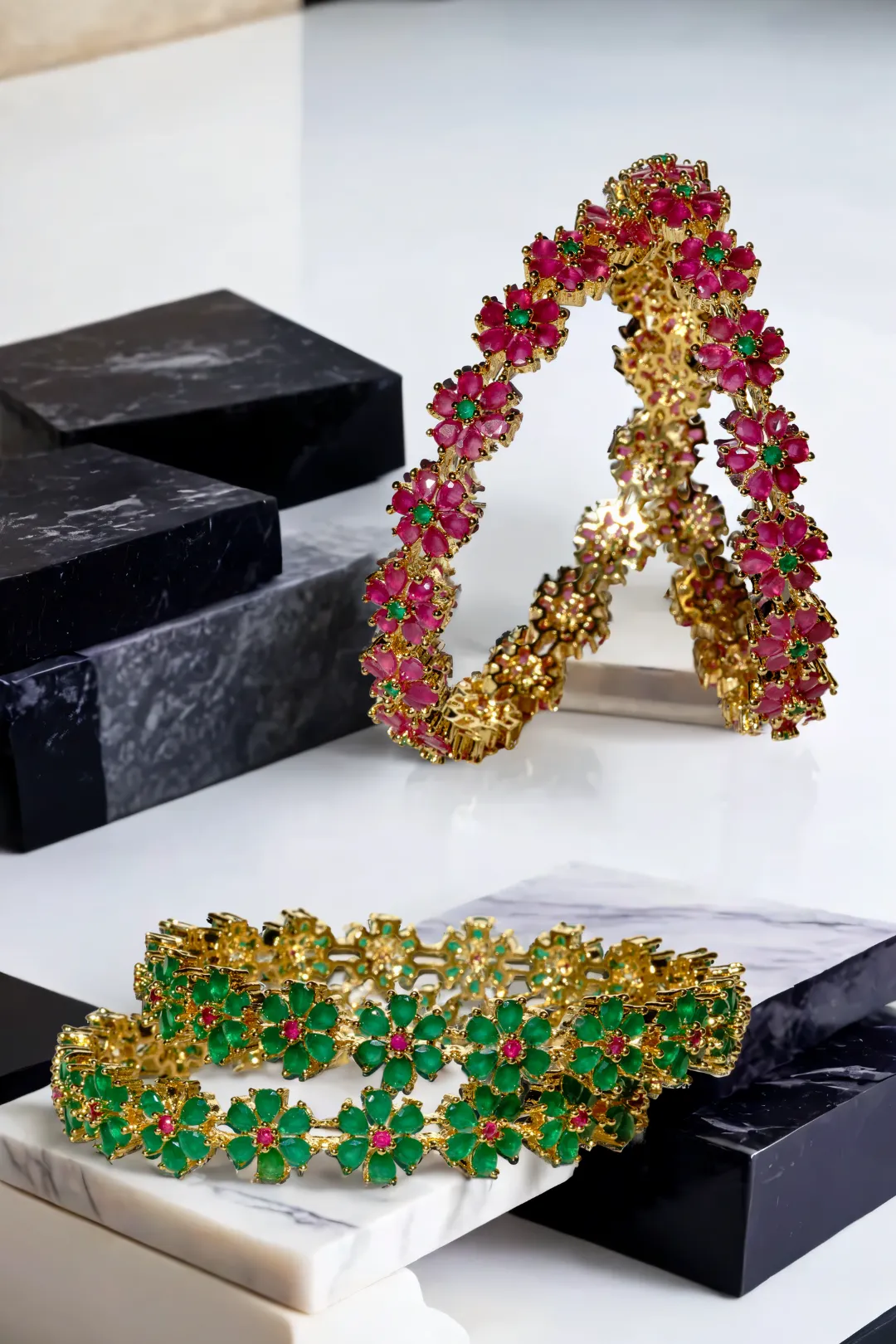 Arika 7-Piece Floral Gold-Plated Bangle Set with Emerald and Ruby Accents