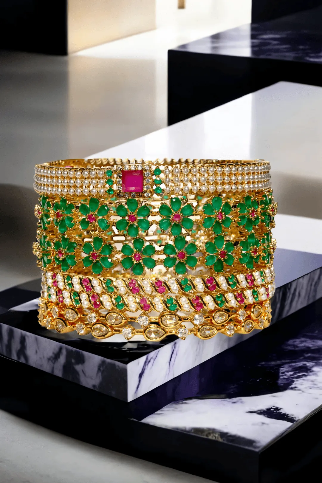 Arika 7-Piece Floral Gold-Plated Bangle Set with Emerald and Ruby Accents