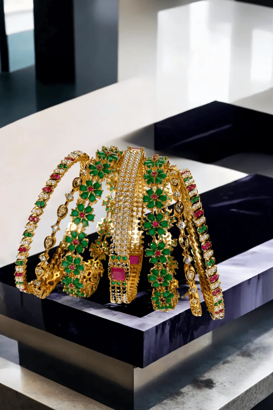 Arika 7-Piece Floral Gold-Plated Bangle Set with Emerald and Ruby Accents