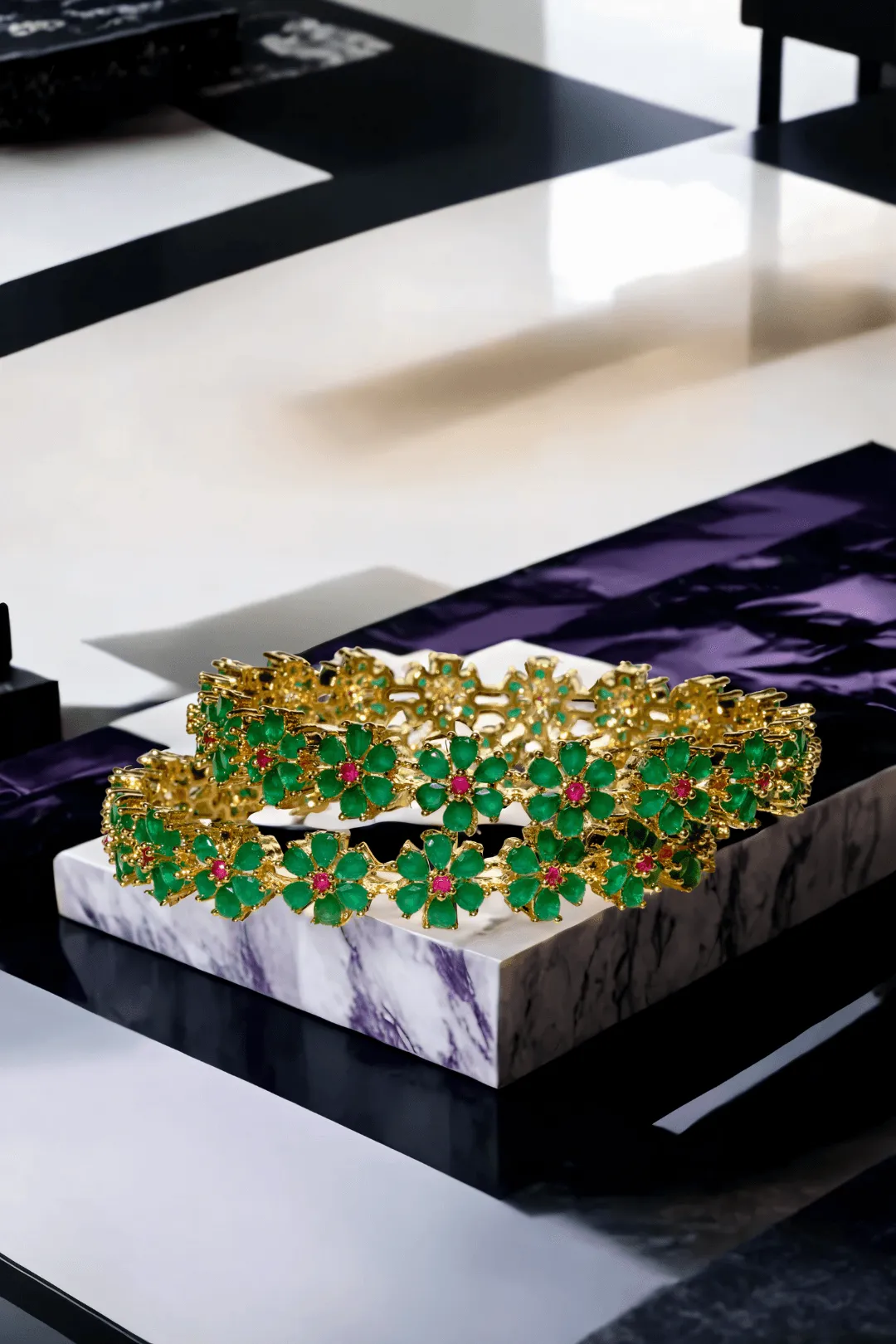 Arika 7-Piece Floral Gold-Plated Bangle Set with Emerald and Ruby Accents