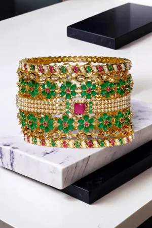 Arika 7-Piece Floral Gold-Plated Bangle Set with Emerald and Ruby Accents