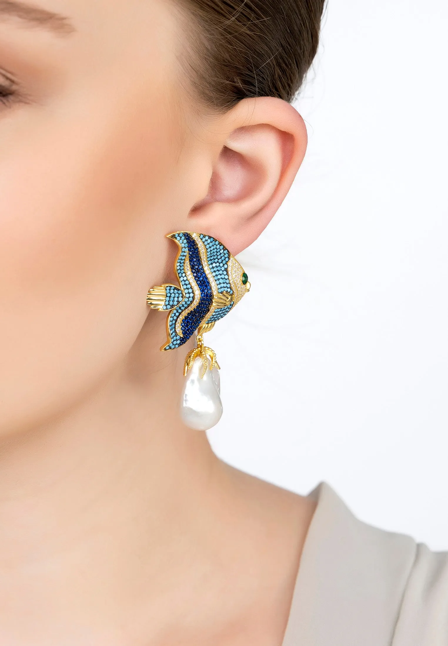 Baroque Pearl Angelfish Earrings Gold