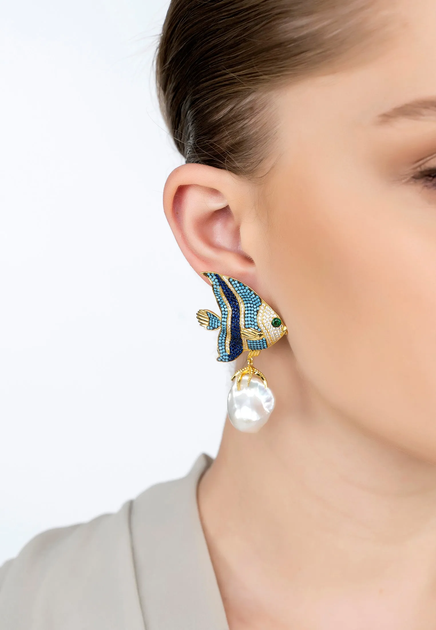 Baroque Pearl Angelfish Earrings Gold