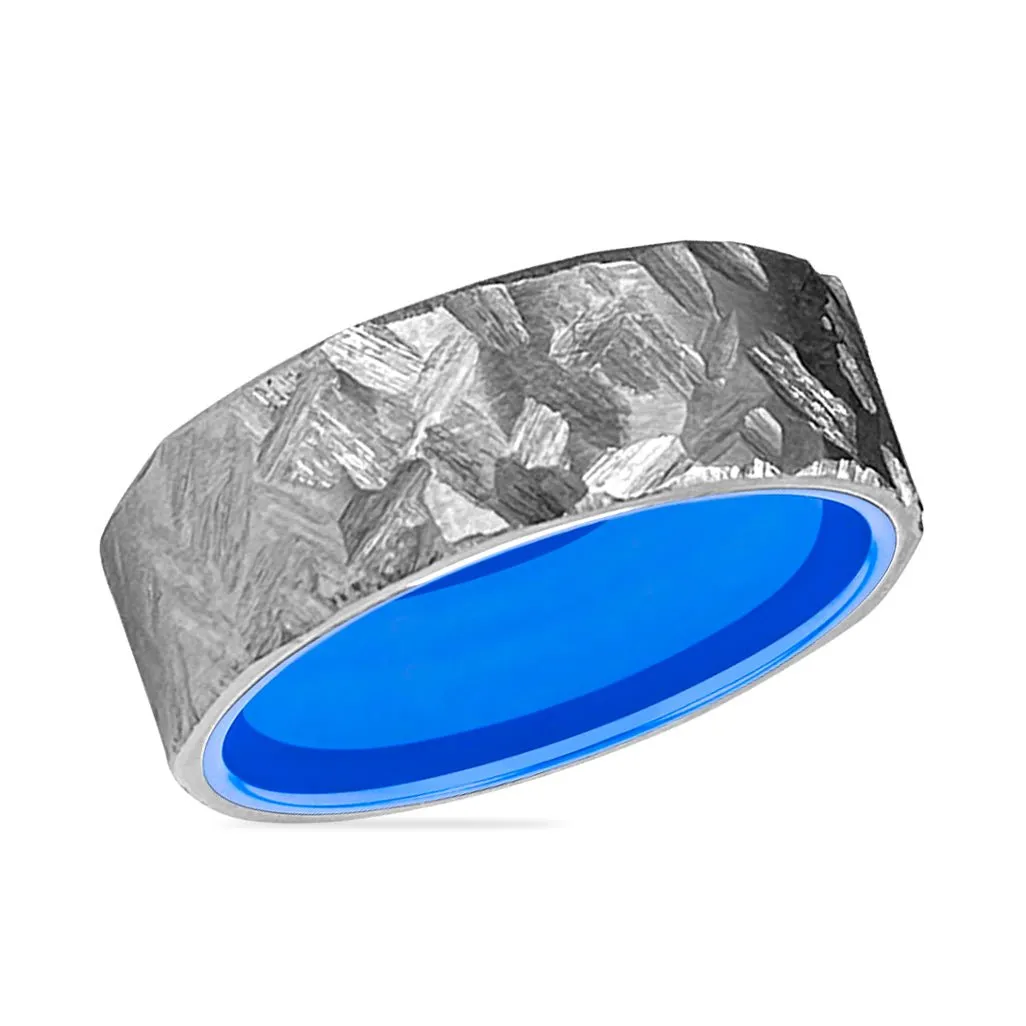 BIGBLUE | Blue Ring, Silver Titanium Ring, Hammered, Flat