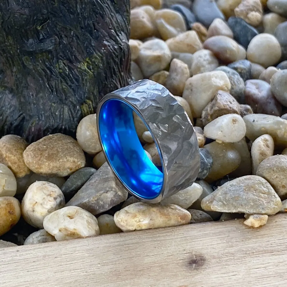 BIGBLUE | Blue Ring, Silver Titanium Ring, Hammered, Flat