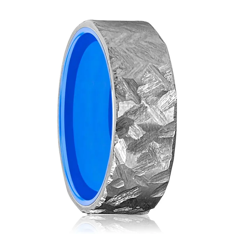 BIGBLUE | Blue Ring, Silver Titanium Ring, Hammered, Flat