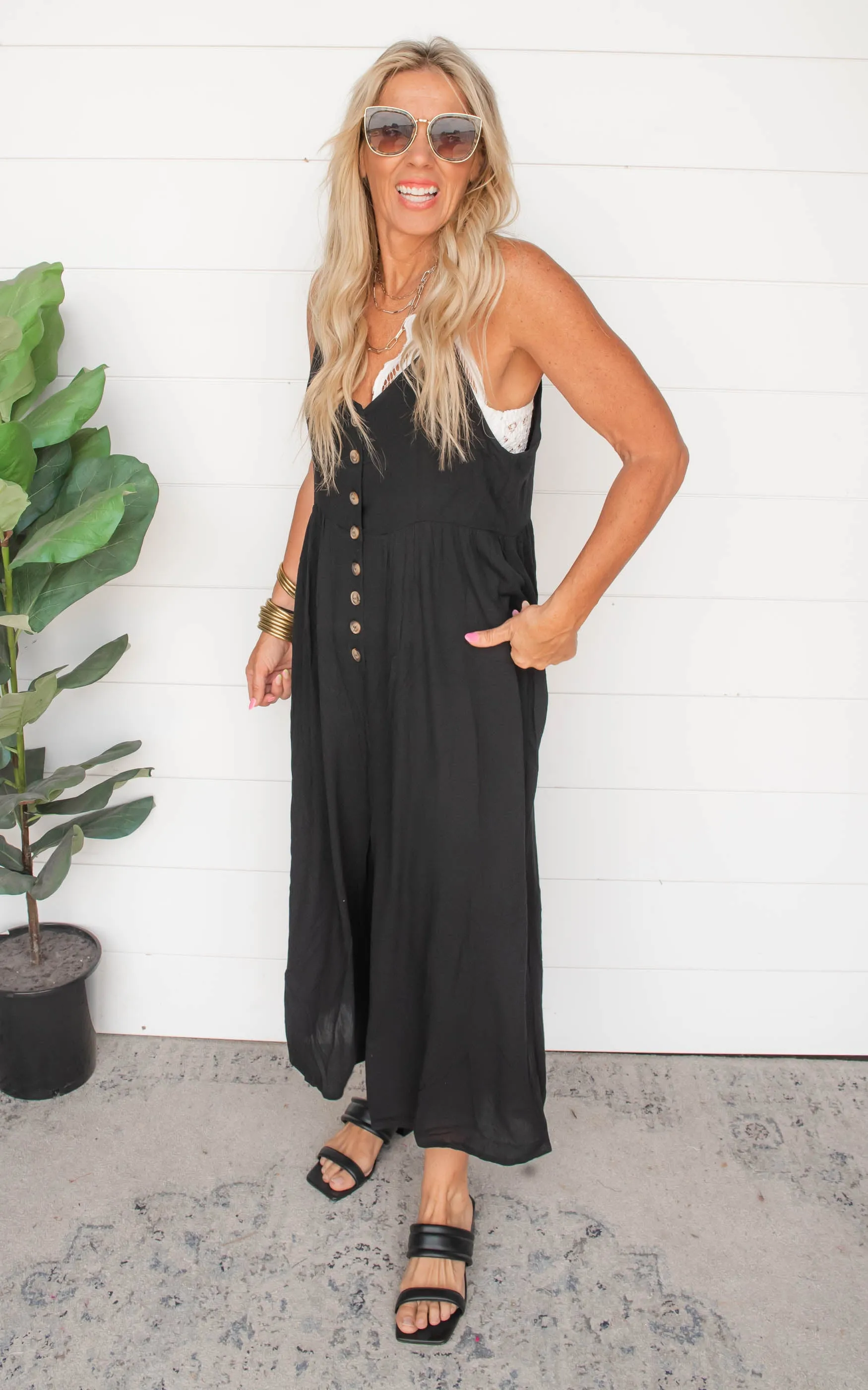 Black Button Down Crepe Jumpsuit - Final Sale