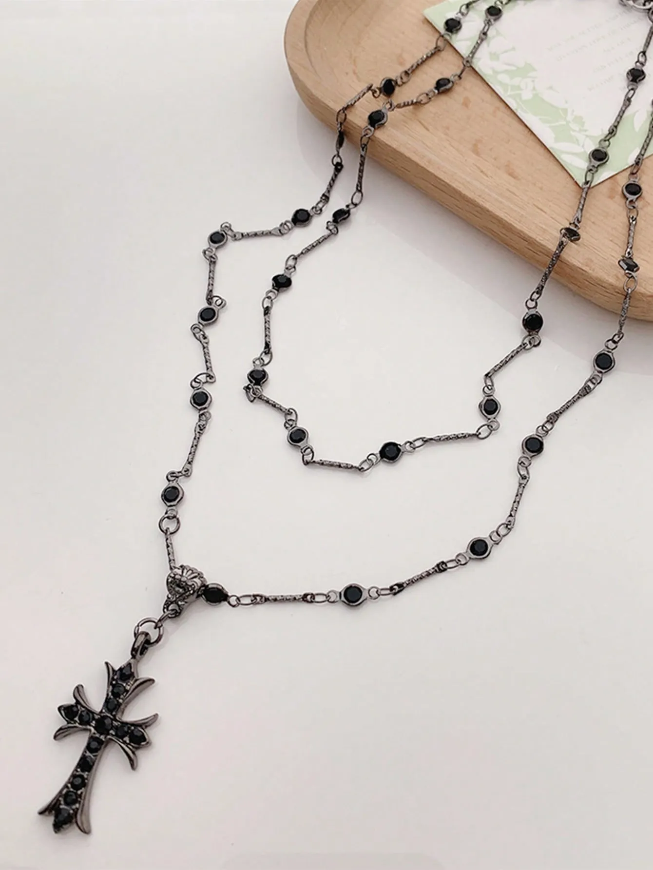 Black Color Cross Charm Layered Necklace for Women Girls Accessories Jewelry