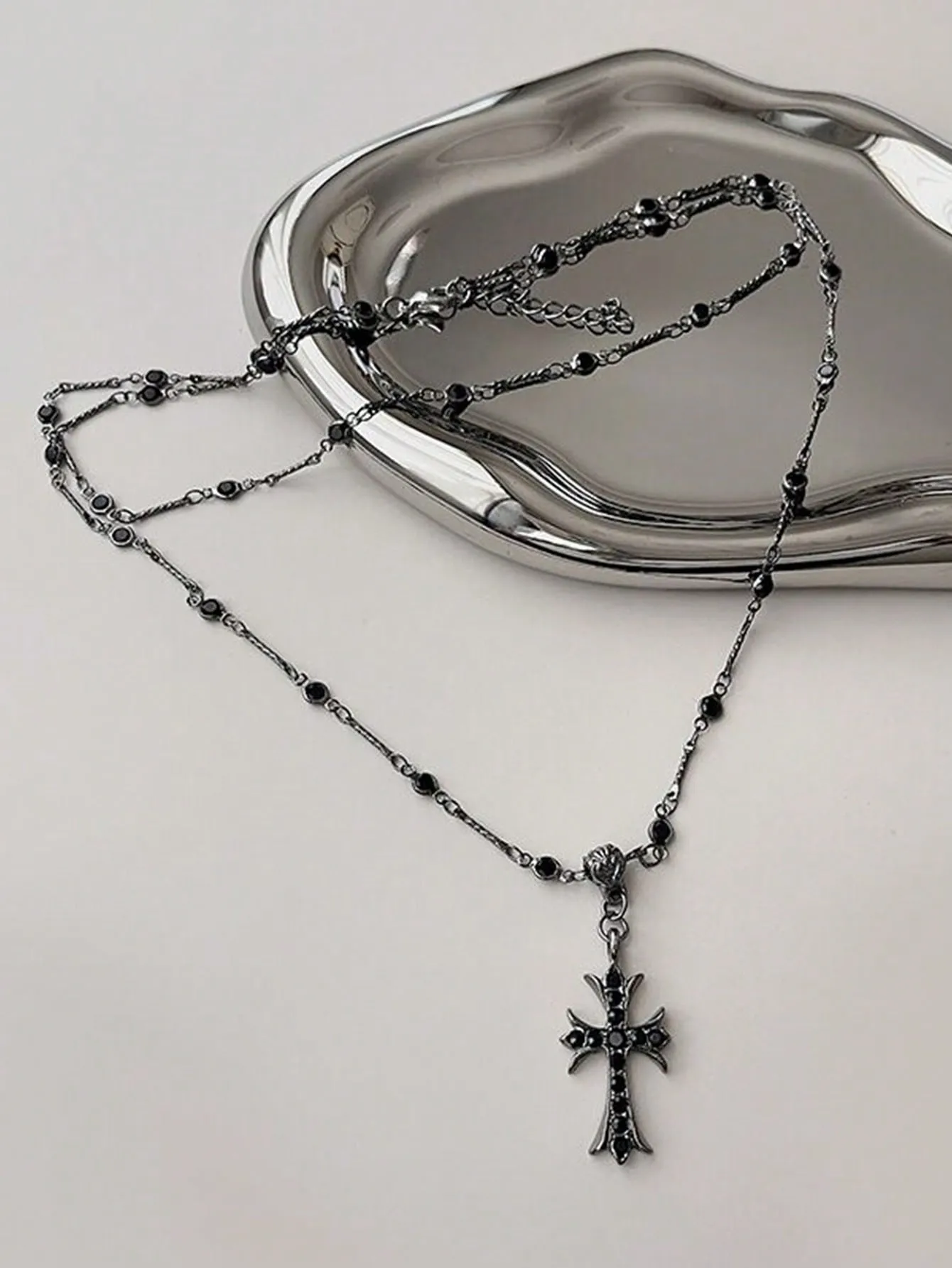 Black Color Cross Charm Layered Necklace for Women Girls Accessories Jewelry