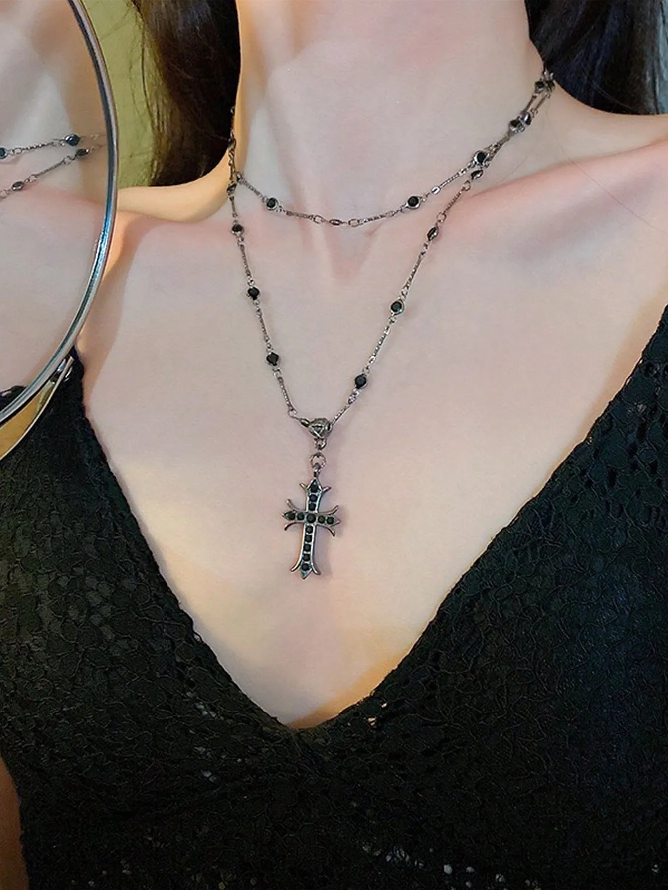 Black Color Cross Charm Layered Necklace for Women Girls Accessories Jewelry