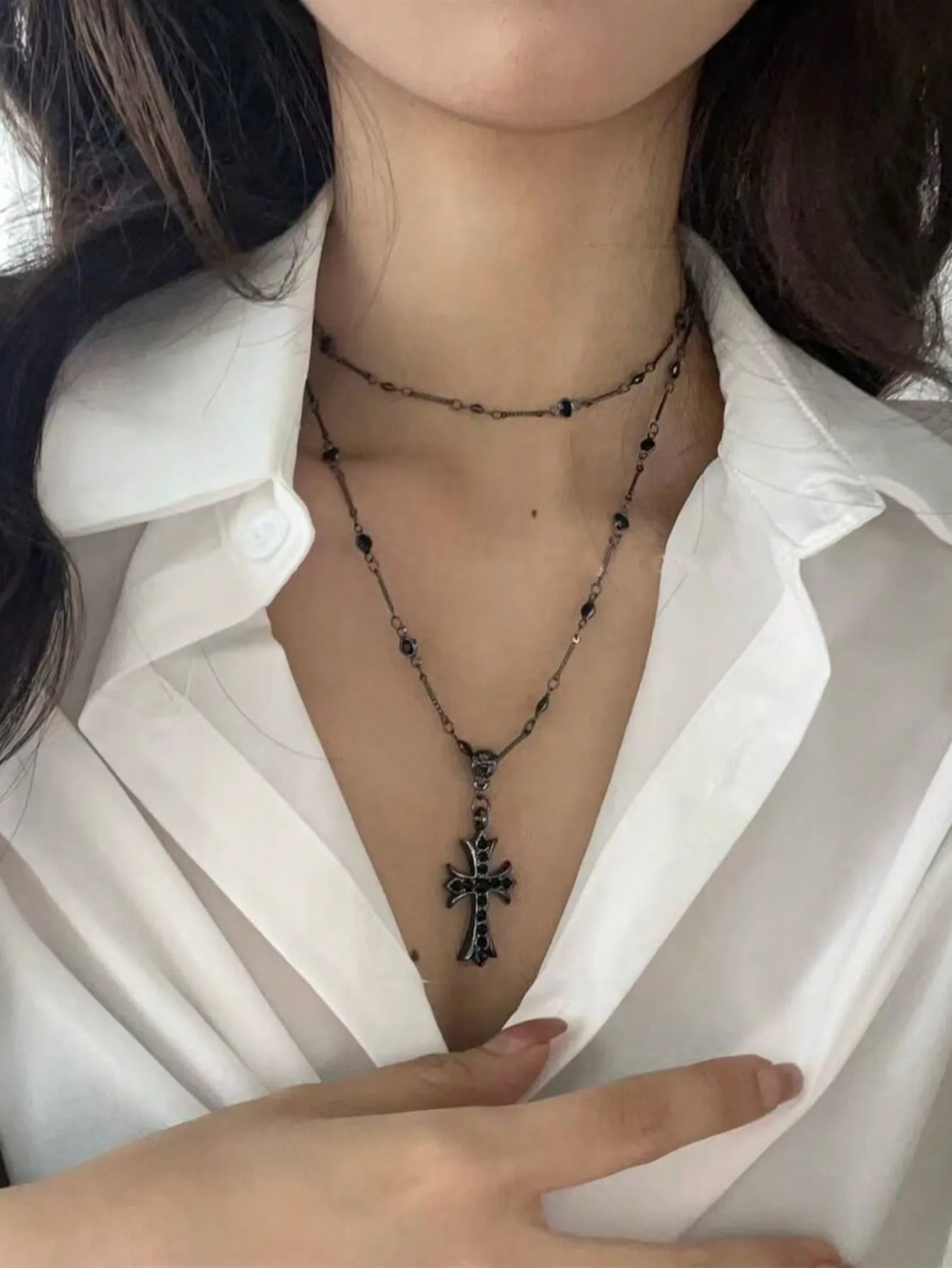 Black Color Cross Charm Layered Necklace for Women Girls Accessories Jewelry