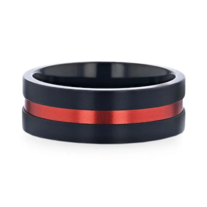 BLAZE | Black Titanium Ring, Red Groove, Flat