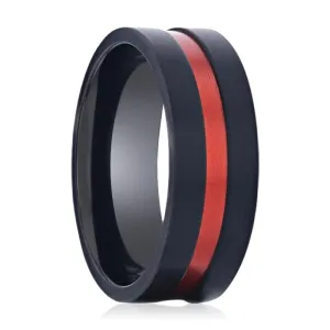 BLAZE | Black Titanium Ring, Red Groove, Flat