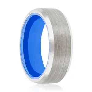 BLUEDINI | Blue Ring, Silver Tungsten Ring, Brushed, Beveled