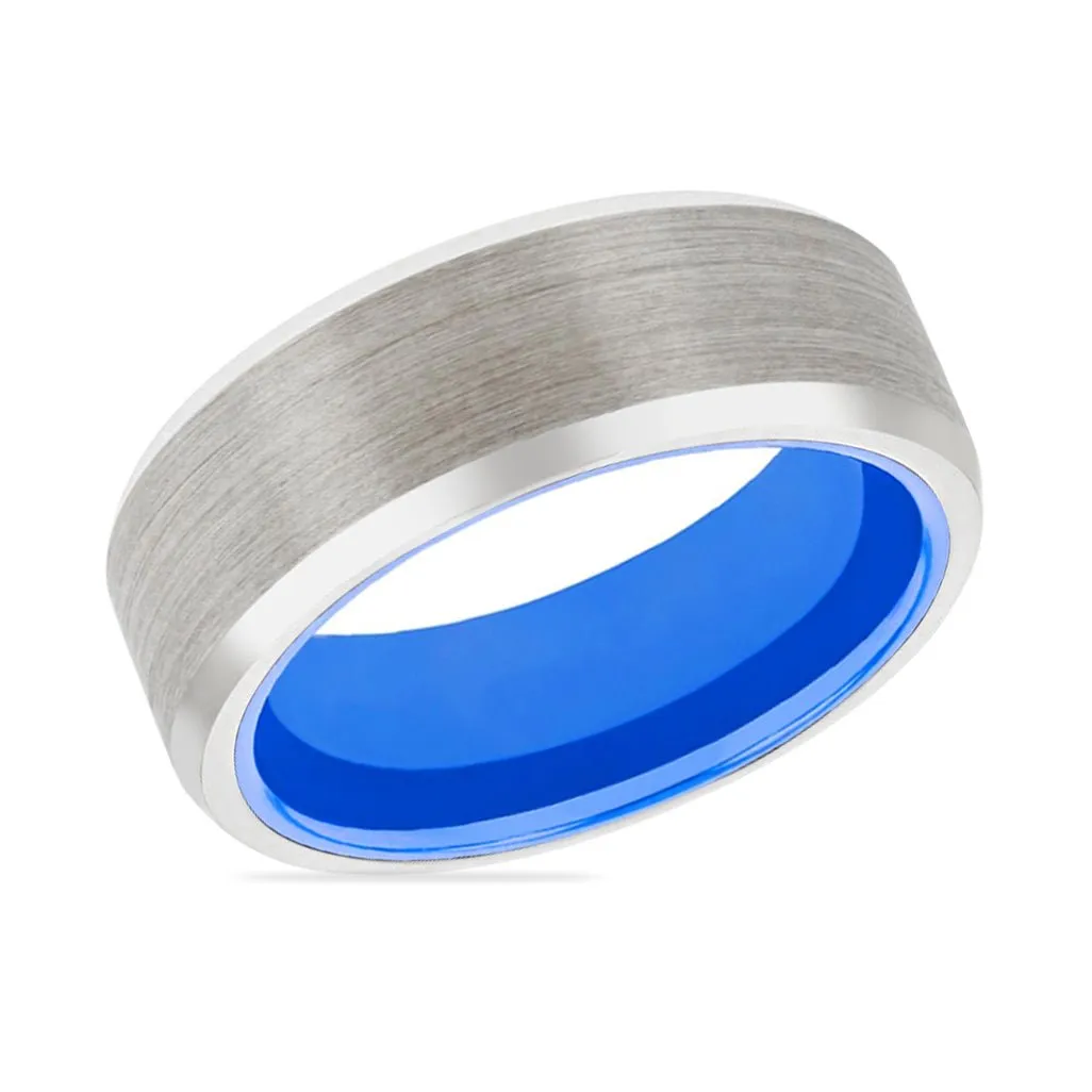 BLUEDINI | Blue Ring, Silver Tungsten Ring, Brushed, Beveled