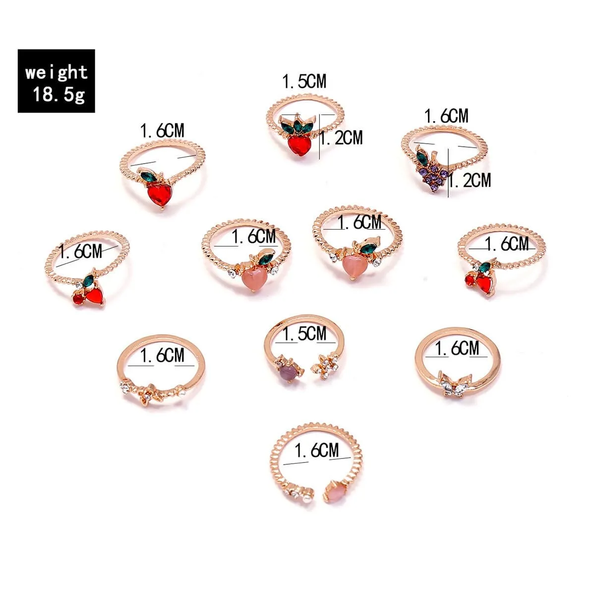 Charming 10 Pieces Colorful Crystal Fruits Rings Set